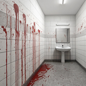 A bathroom wall, stark white, now defiled by chaotic crimson stains, resembling eerie whispers of a malevolent force.