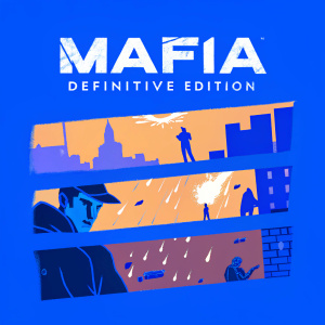 Promotional banners for 'Mafia: Definitive Edition'. Dark backgrounds with neon text highlighting the game title and logo. Scenes of dramatic action and cityscapes.
