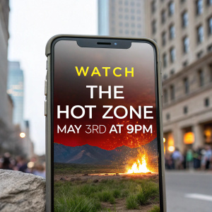 Promotional image for 'The Hot Zone', a National Geographic miniseries. Smartphone screen displaying advertisement. Call to action: 'Watch The Hot Zone May 3rd at 9PM'
