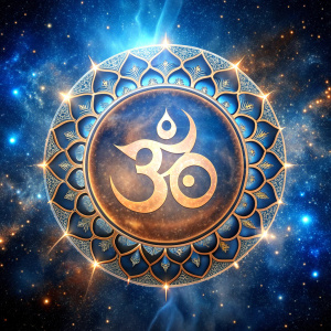 logo with sanskrit om symbol with divine cosmic and royal effects