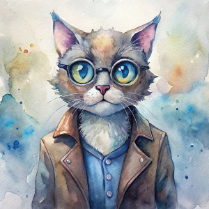 cat IN A LEATHER jacket, GLASSES, IN THE STYLE OF TIM Burton