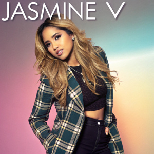 Promotional image for Jasmine V's new album. Long blonde hair, wearing a plaid blazer. Confident pose against a gradient background. Album title and collaborator's name highlighted