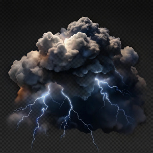 Black storm clouds with lightnings and smoke isolated on transparent ...