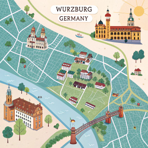 Interactive map of Würzburg, Germany. Colorful design highlighting key streets and landmarks. Detailed descriptions of attractions and upcoming events.