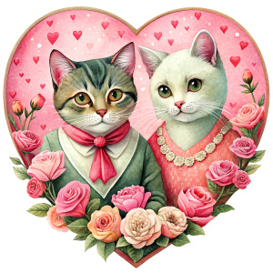 valentine,pink,liberty hold heart,white background,couple cat,no cloth