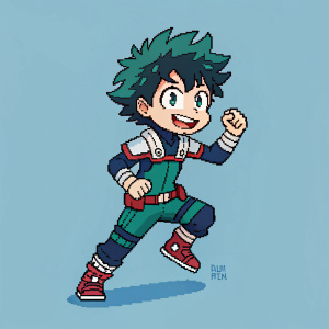 Pixel art illustration of a character from My Hero Academia. Character has a dynamic pose, colorful and simple design.