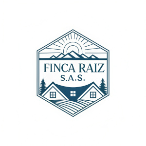 Modern logo design for Finca Raiz S.A.S. Featuring a blend of geometric shapes and minimalist text. Clean, professional color palette.