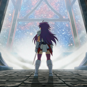 Digital illustration of Yamiko, a female anime character with long purple hair. She is wearing an armor-like outfit and standing in a dynamic pose against a cosmic-themed backdrop with vibrant colors and a detailed focus on the play of light.