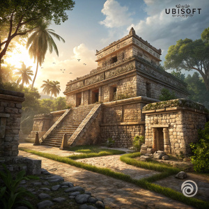 Virtual tour of Assassin's Creed IV: Black Flag's Tulum Temple. Detailed 3D model featuring ancient stone architecture, including textured walls and pathways. Dynamic lighting effects create shadows and highlight details. Ubisoft logo prominently displayed