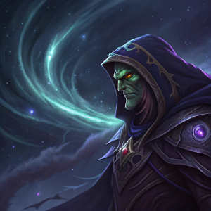 Digital art of Gul'dan, hero of the storm, against a dark, swirling cosmic background.