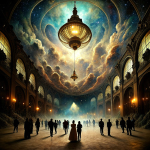 The Shadow's Masquerade: An image of a grand ballroom where shadows dance with humans, under a swirling cosmos ceiling, embodying Jung's concept of the shadow self, intertwined with the absurdity and darkness of existence à la Nietzsche.