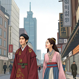 Yoona and Siwan from 'The King is in Love' walking through a bustling city street in their traditional Korean attire. They pass by modern skyscrapers and vintage shop signs.
