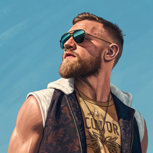 Digital illustration of Conor McGregor in vibrant painting style. Wearing aviator sunglasses, unbuttoned vest, and graphic t-shirt. Against a clear, solid blue backdrop.
