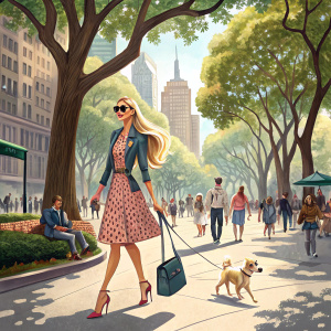 Paris Hilton walking her pet in a bustling city park. Various people and trees in the background.