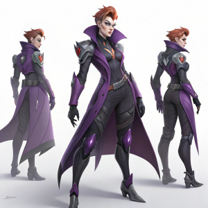 Digital illustration featuring Moira Highpoly from Overwatch in three dynamic poses. Futuristic aesthetics, with a color palette dominated by dark tones, purple, and gray. White background.
