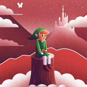 Cartoony depiction of Link from Legend of Zelda. Wearing iconic green tunic, sitting atop tree stump. Small green fairy companion. Scenic background featuring rolling hills, majestic mountains, and a grand castle. Sky filled with cotton candy clouds.