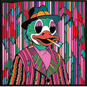mid aged junkie crackhead donald duck rock bottom wasted, dirty plushy, smoking a cigarette, life crisis, depression, white background, sticker design