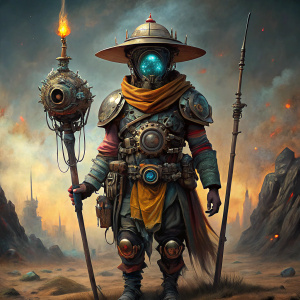 wanderer wearing helmet, with spear, steampunk era illustration style, full body