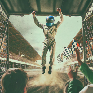 Fernando Alonso in a victory celebration. He's jumping in the air, mid-pose. His attire: a blue helmet and green racing suit. Surrounded by fans and grandstands in a vibrant racing venue.