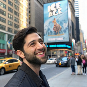Josh Peck, bearded actor, smiling at a bustling city street. Large Ice Age movie poster towering behind him.