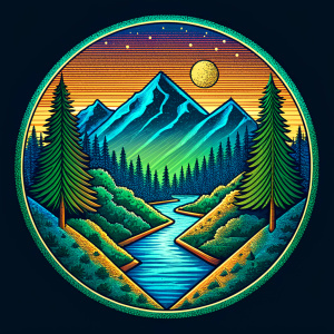 logo, Coniferous forest divided by a river, surrounded by mountains, drawn with neon lines of birch and green colors