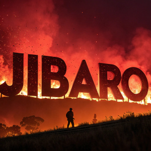 High contrast image of the 'Jibaro' logo. Bold, fragmented letters against a fiery red background. Captivating and dynamic, reminiscent of a film poster.