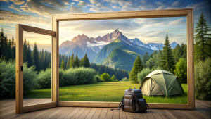 A summer camp along with backpack, outdoor view, photo-realistic, highly detailed, well framed