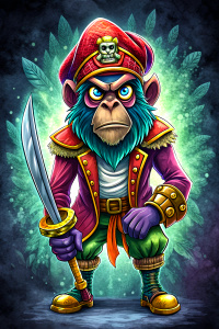 cartoon character of  Lechuck  of  the videogame The Monkey Island, with perfect sword,  full body, comic ,style pop art, style, graffiti style,  style watercolor, black background, ready for print t-shirt, style art fabric