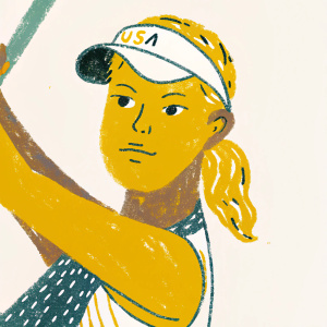 Nelly Korda, professional golfer, US athlete. Blonde hair, visor, USA logo. Athletic top, deep purple background. Intense expression, focused stance.