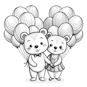 black and white line art, cute lovers bears whit ballons, black and white only, vector style, for coloring book page