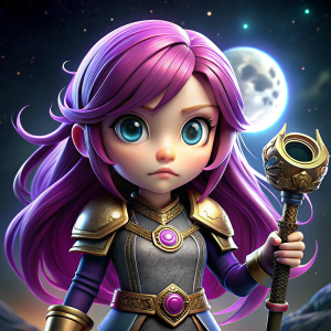duende guerrera femenina, de cabello largo hasta la espalda. de ojos color morado, sosteniendo un martillo de guerra, estilo chibi pixar, con luna background
