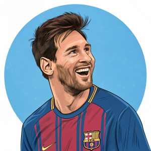 Lionel Messi, in a playful cartoon style, his face and torso the focal point. Bright blue background, digital art