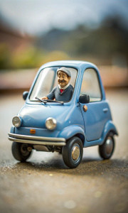 a peel p50 car the size of a coin with happy driver