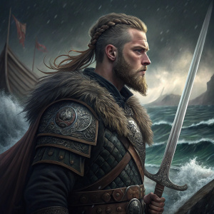 Liam Golden as Ragnar, starring in the epic TV series 'Vikings'. Intense gaze and traditional attire. Dark and moody background with Nordic runes and sea waves.