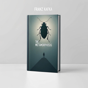 Book cover design for Franz Kafka's The Metamorphosis. A sleek, minimalist cover featuring a dimly lit, abstract silhouette of an insect-like figure against a soft grey background. Title prominently displayed in bold, modern font at the top center.