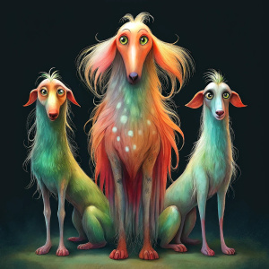 Stylized hairy feral great dane dog with elongated bodies and large, expressive eyes, standing in a row. Each of them has a different color and size.
They are artistically represented, with long, thin bodies, and large, round eyes.
One is tall yellow that stands out in the center.
Another smaller orange-red on the right.
Their eyes are disproportionately large compared to their bodies, giving them a cartoonish appearance.
The background is darkand features raindrops falling vertically