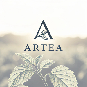 A minimalist logo for Artea. Centered, stylized 'A' with abstract leaf shape, off-white background, modern and clean style