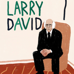 Larry David, wearing a black suit and glasses, sits alone in a stark, white studio. Large, bold text reads 'Larry David' in the background.