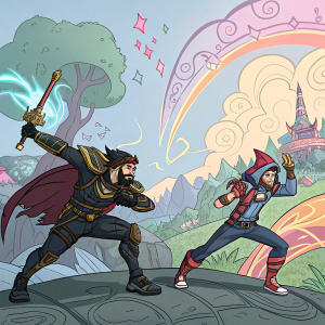 Digital art showcasing characters from League of Legends in dynamic poses. Set against a vibrant, hand-drawn backdrop.