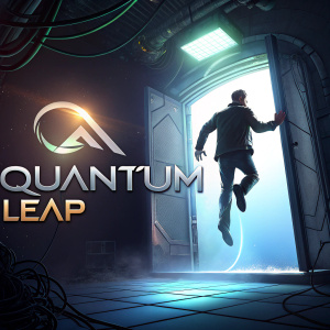 Promotional image for 'Quantum Leap', digital artwork featuring a man's silhouette leaping through an open doorway bathed in bright light. Futuristic setting with the show's title and logo prominently displayed against a dark background.