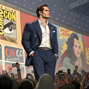 Henry Cavill, dressed in a stylish navy blazer and white shirt, confidently standing on a crowded stage at a Comic-Con event. The background is a vibrant, colorful panel with enthusiastic fans