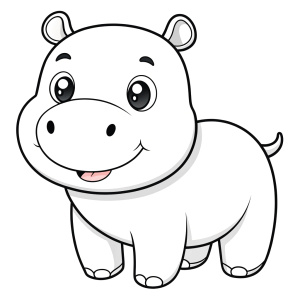 cute hippo, coloring book page, simple and clean line art, chilren drawing book, black and white, crisp black lines, sharp lines, simple coloring page for kids, cartoon style