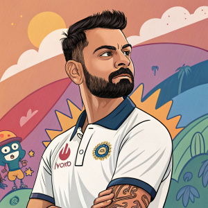 Virat Kohli, cricket star, posing with a serious expression. Background is vibrant and colorful, with cartoonish elements. Logo on shirt is prominently displayed.
