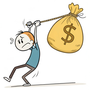 A stick figure man in a cartoon strip, trying to lift a heavy yellow sack with a dollar sign, showing a strained expression. Background is blank white.