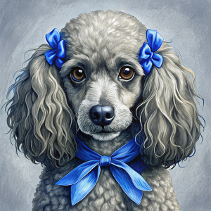 Perro poodle gris cuerpo entero con moñitos azules en las orejas