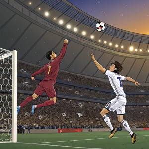 Cristiano Ronaldo and Atsuto Uchida mid-jump in an animated stadium scene. Soccer ball flying towards the goal.