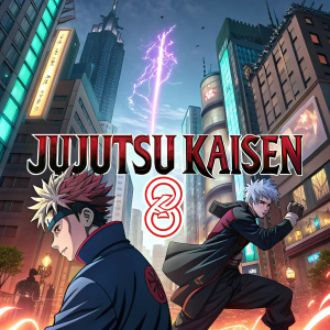Promotional poster for Jujutsu Kaisen 0, set in a bustling cityscape. Digital art, featuring intense action scenes. Text in Japanese.