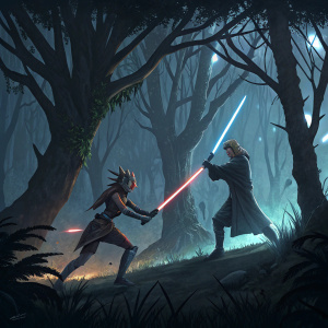 Digital illustration of Ahsoka Tano and Anakin Skywalker. Dark forest, planet Umbara. Intense battle scene