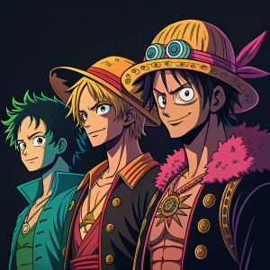Luffy, Zoro, Sanji, Nami, and Usopp posing for a fan art poster. Vibrant colors, detailed expressions, and intricate costumes. Dark background with glowing highlights.