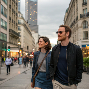 Marion Cotillard and Michael Fassbender walking on a crowded city street, both dressed casually.